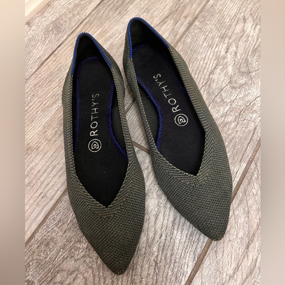 Rothys Olive Birdseye Point Toe Ballet Flats